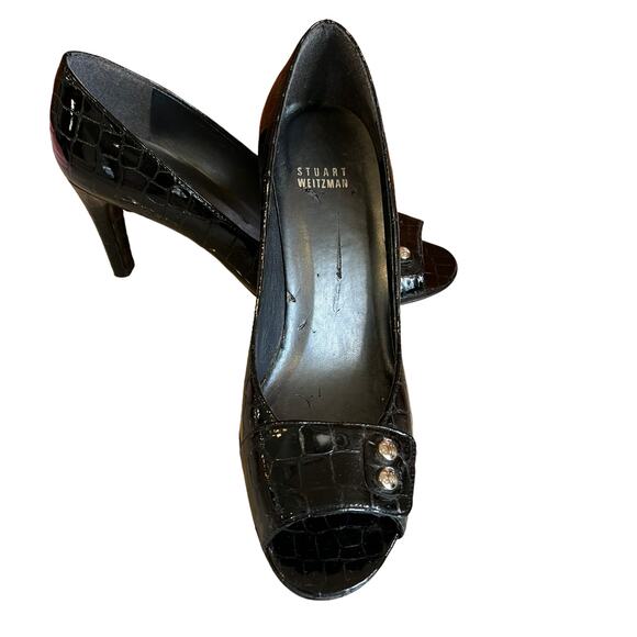 Stuart Weitzman croc embossed open toe heels black 8.5 - Picture 1 of 11